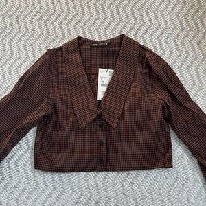NWT Womens Zara Plaid Peter Pan Collar Cropped Shirt